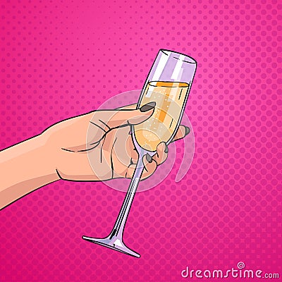 Female Hand Holding Glass Champagne Wine Pop Art Retro Pin Up Background Vector Illustration