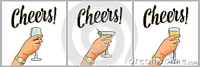 Female hand holding a glass of cocktail, wine, champagne. Vector Illustration