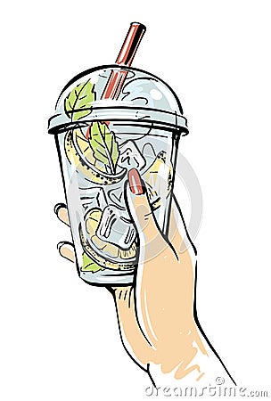 Female hand holding glass with fruit water and ice Vector Illustration