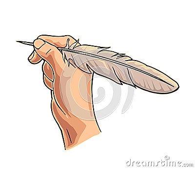 Female hand holding a goose feather. Vector black flat illustration Vector Illustration