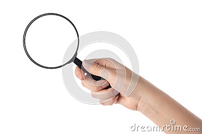 Female hand holding the magnifying glass (isolated Stock Photo