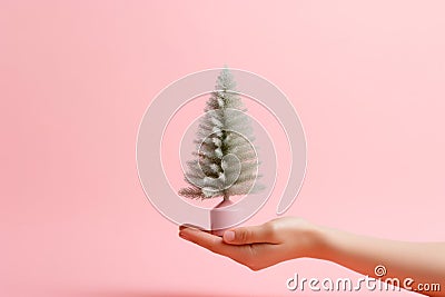 A female hand holding a mini christmas tree Stock Photo