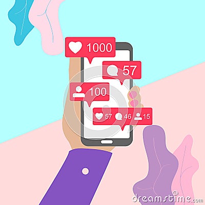 Female hand holding mobile phone with share, like, comment, repost social media ui icons on screen with shadow on pastel colored Vector Illustration