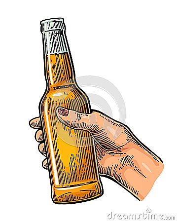 Female hand holding open bottle beer. Color vintage engraving vector illustration Vector Illustration