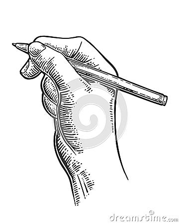 Female hand holding a pencil. Vector black vintage engraving Vector Illustration