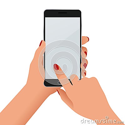 Female hand holding a phone with blank screen. Flat Isolated illustration on white background Vector Illustration