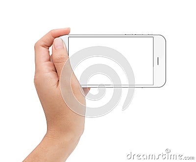 Female hand holding phone white screen with clipping path Stock Photo