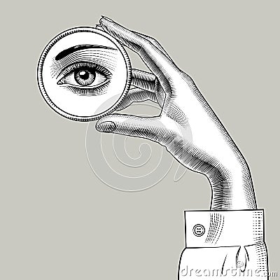 Female hand holding a round small mirror with a reflection of he Vector Illustration