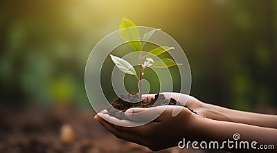 Environment Earth Day In the hands of trees growing seedlings. Bokeh green Background Female hand holding tree generative ai Stock Photo
