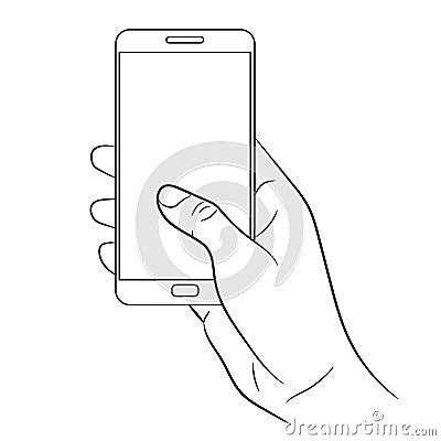 Female hand holding a smart phone on white of monochr Vector Illustration