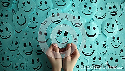 Female hand holding smiley faces on light blue background Stock Photo