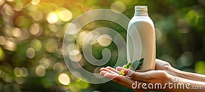 Female hand holding sunblock lotion bottle, uv protection, blurred background with copy space Stock Photo