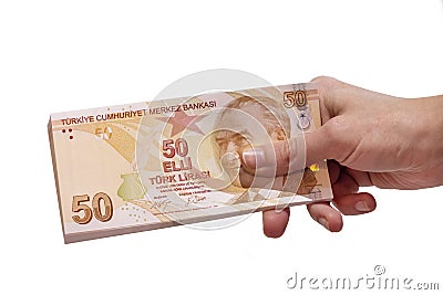 Female Hand Holding 50 Turkish Lira Banknotes Stock Photo