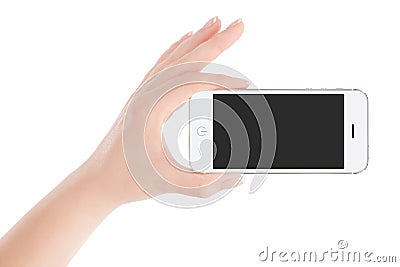 Female hand holding white smart phone in landscape orientation Stock Photo