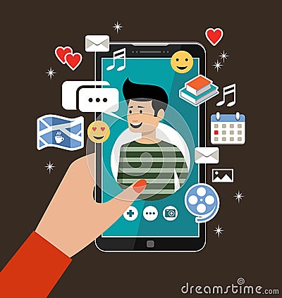 Female hand holds phones with a men`s profile. Online dating and social networking concept. Virtual love. Vector Illustration