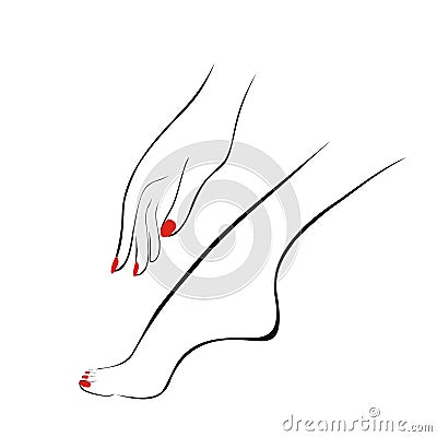 Female hand and leg with red nails, manicure, pedicure. Logotype Vector Illustration