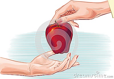 Female hand offering an apple to another hand. Vector Illustration