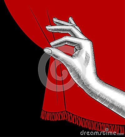 Female hand pulling aside the red curtain on black background Vector Illustration