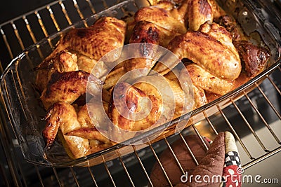 The female hand pulls out the chicken wings from the oven. Stock Photo