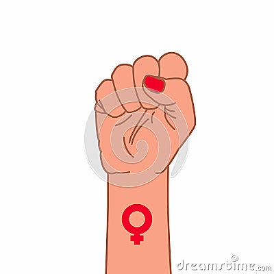 Female hand raised up, fist clenched in protest, feminism illustration, women fight Vector Illustration