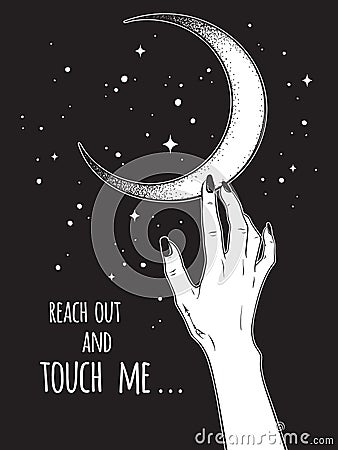 Female hand reaching out to the Moon vector illustration. Black work, dot work, line art, flash tattoo, poster or print design. Vector Illustration