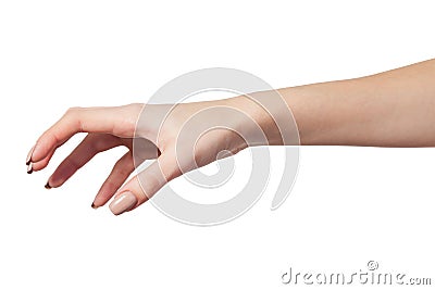 Female hand reaching for something on white Stock Photo