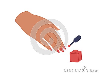 Female hand with red-painted fingernails, brush, and open bottle of nail polish. Women fingers with enamel. Colored flat Vector Illustration