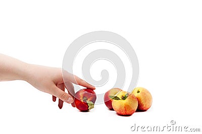 Female hand with ripe nectarine isolated on a white background Stock Photo