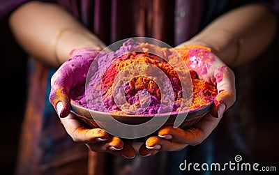 Female hand showcasing bowl of colorful powder, holi festival image download Stock Photo