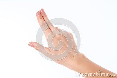 Female hand showing the gesture with three straight fingers isolated on white background Stock Photo