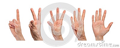 Female hand showing set of popular gestures that characterize learning to count. Different position of fingers. Isolated on white Stock Photo