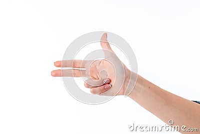 Female hand showing with three fingers gesture isolated on white background Stock Photo