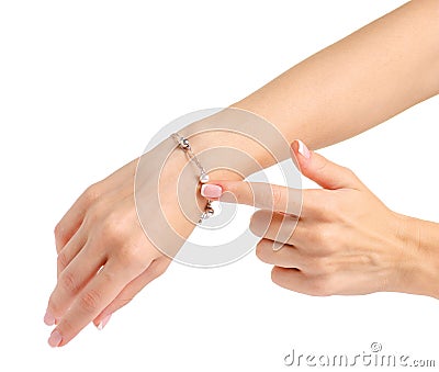 Female hand in silver bracelet pearls Stock Photo