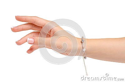 Female hand in silver bracelet pearls Stock Photo