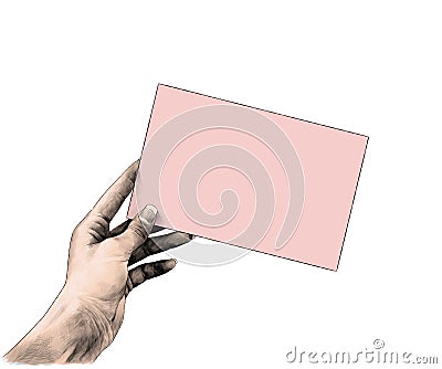 The female hand sticks out from the side and holds the rectangular card blank Vector Illustration