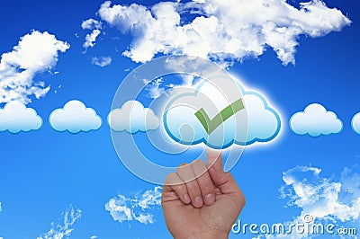 Female Hand Touching Cloud and Ticking Check Box Stock Photo