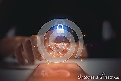 Female hand using mobile phone or smartphone. Security and data encryption concepts to protect personal data in cybernetwork and Stock Photo
