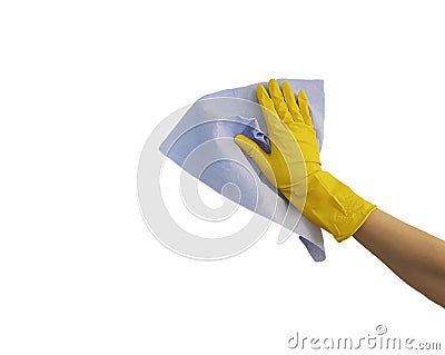 female hand in yellow protective rubber glove, blue rag on white background Stock Photo