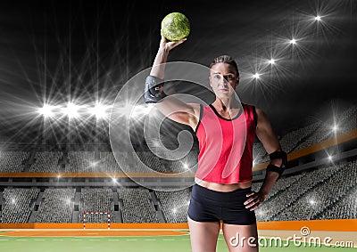 Female handball player holding ball at handball court Stock Photo