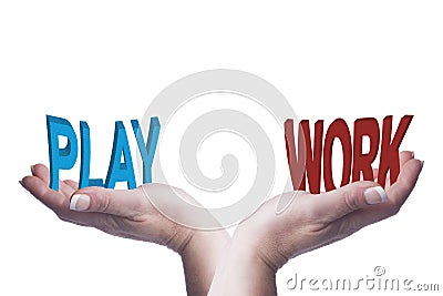 Female hands balancing work and play 3D words conceptual image Stock Photo