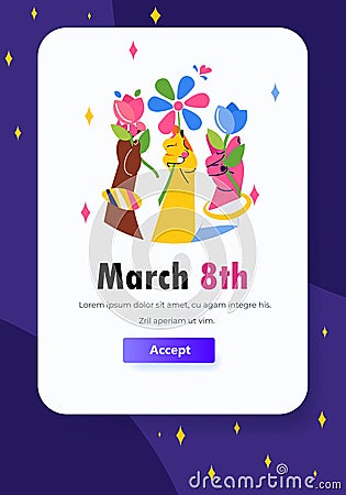 female hands with braceletes holding flowers international happy womens day celebration concept 8th march greeting card Vector Illustration