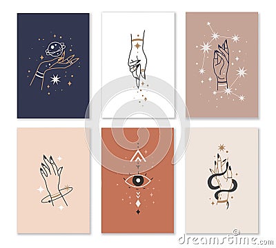 Female hands cards. Linear woman hand combination with mystic witchcraft elements in minimalistic style, gestures and Vector Illustration