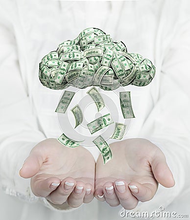 Female hands catching falling money from cloud. Stock Photo