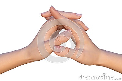 Female hands with crossed thumbs and interlaced fingers Stock Photo