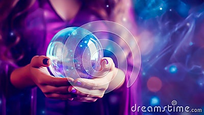Female hands delicately holding glowing crystal ball on magic purple backdrop Stock Photo