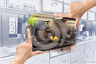 Female hands framing custom kitchen design. Stock Photo