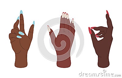 Female hands gestures. Woman palms with elegant gestures, hands with long manicured nails flat vector illustration set Vector Illustration