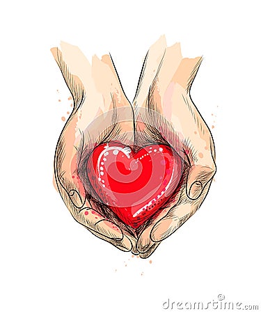 Female hands giving red heart from a splash of watercolor Vector Illustration