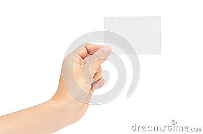 Female hands hold a business card. Isolated on white background Stock Photo