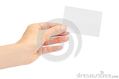 Female hands hold a business card. Isolated on white background Stock Photo